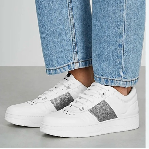 Jimmy Choo Hawaiian white lace up platform Sneakers w silver glitter - Picture 1 of 12